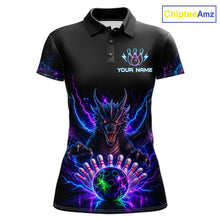 Load image into Gallery viewer, Neon dragon bowling polo shirt for women with custom bowling team graphics.