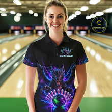 Load image into Gallery viewer, Woman wearing a neon dragon bowling polo shirt at a bowling alley front view.