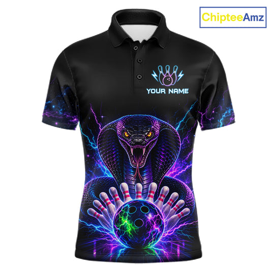 Neon cobra bowling polo shirt for men with custom bowling team graphics.