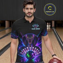 Load image into Gallery viewer, Man wearing a neon cobra bowling polo shirt at a bowling alley front view.