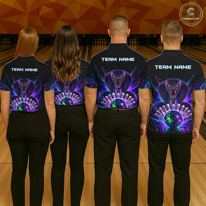 Back view of bowling team wearing matching neon cobra bowling shirts in a bowling alley.