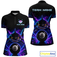 Load image into Gallery viewer, Neon shark 8 ball billiard quarter zip shirt for women designed for league tournaments and team events.