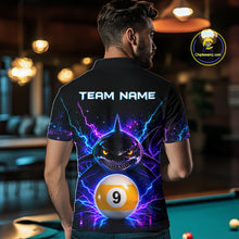 Load image into Gallery viewer, Back view of man wearing a neon shark 8 ball and 9 ball pool shirt in a billiards hall.
