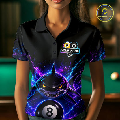 Woman wearing a neon shark 8 ball and 9 ball billiard jersey beside a pool table front view.