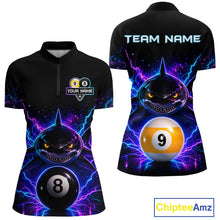 Load image into Gallery viewer, Neon shark 8 ball and 9 ball billiard quarter zip shirt for women designed for league tournaments and team events.