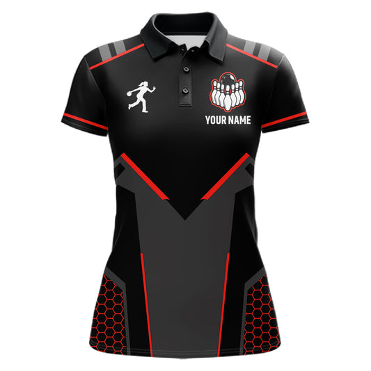 Personalized Bowling Jersey For Women Custom Black And Red Bowling Team Shirt Polo & 1/4 Zip TDM6116