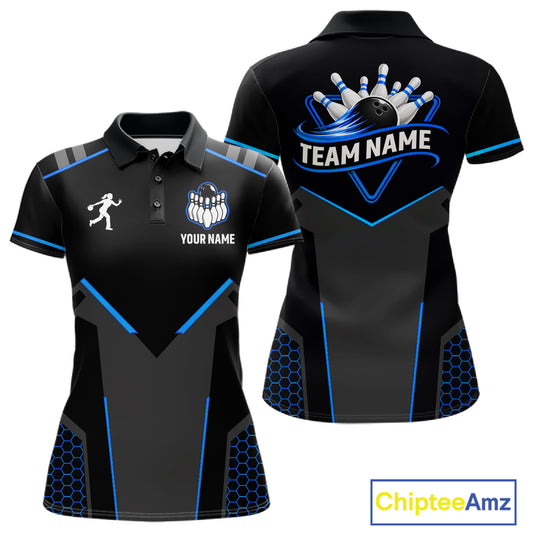 Personalized Bowling Jersey For Women Custom Black And Blue Bowling Team Shirt Polo & 1/4 Zip TDM6117