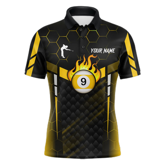 Personalized Yellow 9 Ball Flame Billiard Polo & Quarter Zip For Men, 9 Ball Pool Team Jersey TDM6127