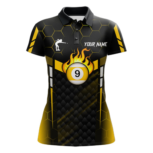 Personalized Yellow 9 Ball Flame Billiard Polo & Quarter Zip For Women, 9 Ball Pool Team Jersey TDM6127