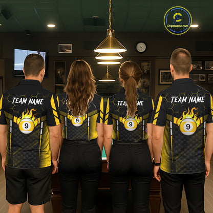 Personalized Yellow 9 Ball Flame Billiard Polo & Quarter Zip For Men, 9 Ball Pool Team Jersey TDM6127