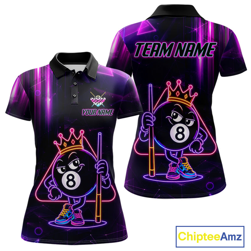Custom Purple Funny Neon 8 Ball Pool Polo Shirt Designed for Billiard League Teams with Eye Catching Graphics and Premium Athletic Performance Style