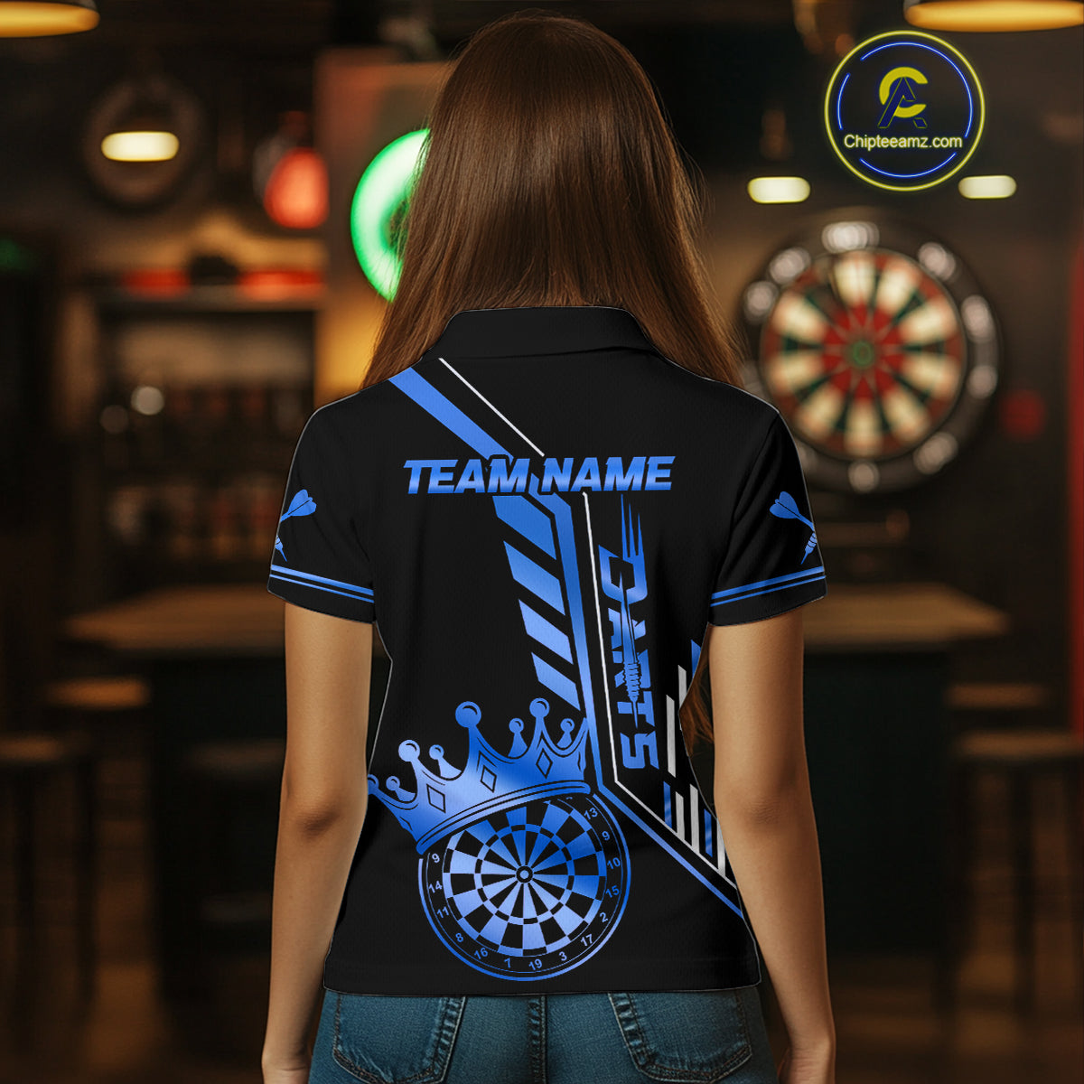 Black And Blue Funny Crown Darts Shirt Polo & 1/4 Zip For Women Custom Darts League Team Jersey TDM4823