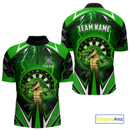 Green Funny Alligator Darts Shirt For Men Custom Lightning Darts Team Jersey Polo & 1/4 Zip TDM5966