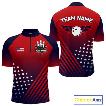 American Flag Bowling Jersey For Men Custom Patriotic Bowling Shirt Team Polo & 1/4 Zip |Red TDM5970