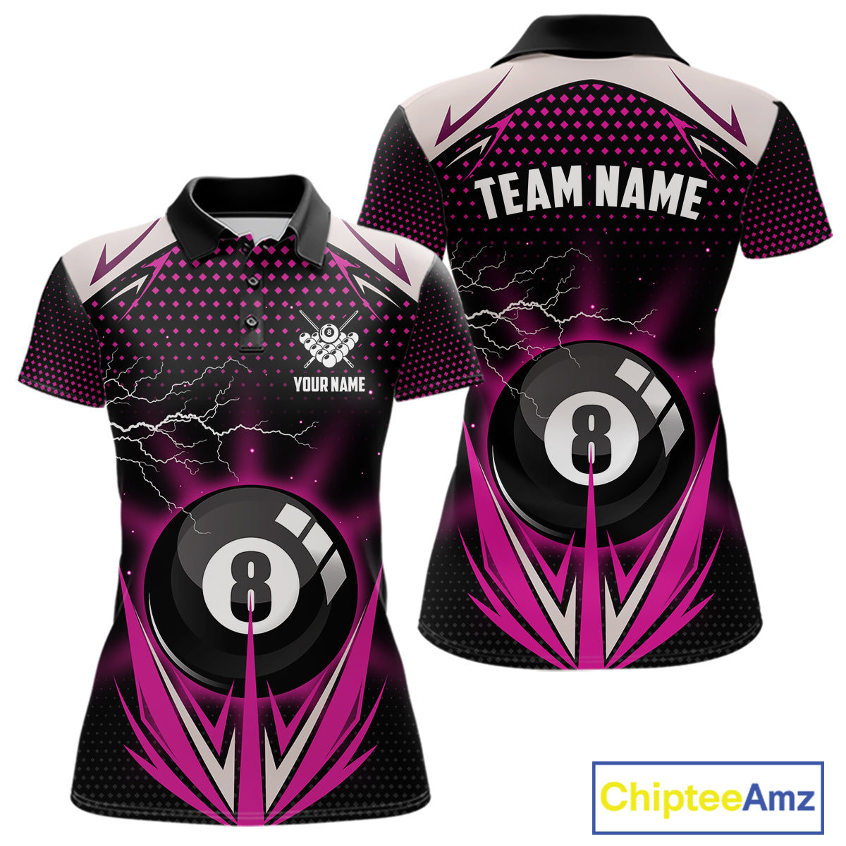 Pink 8 Ball Pool Billiard Jersey For Women Custom Lightning Billiard Team Shirt Polo & Quarter Zip TDM6134