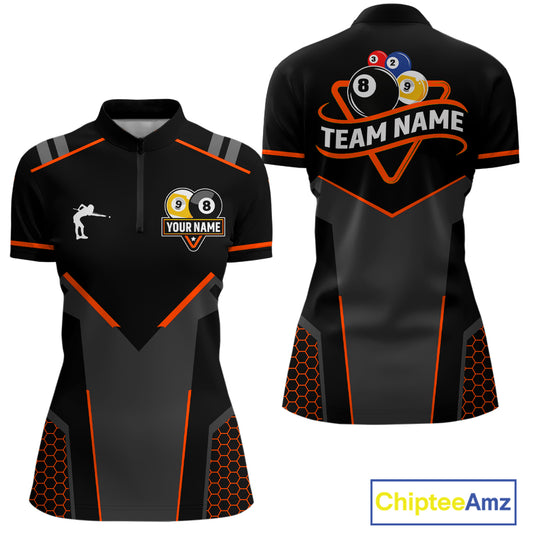 Personalized 8&9 Ball Pool Billiard Polo, 1/4 Zip For Women Custom Team Billiard Jersey|Orange TDM4049