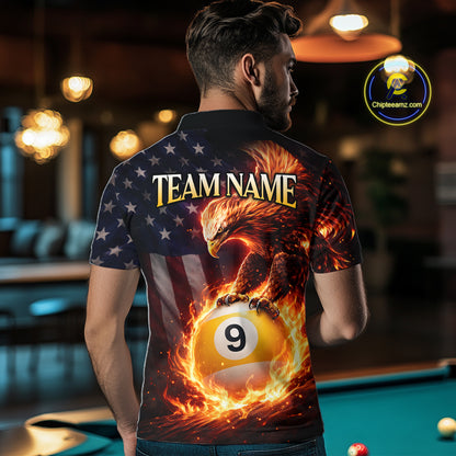 American Flag Flame 8 Ball & 9 Ball Eagle Billiard Shirt For Men Custom Patriotic Pool Team Jersey TDM5789