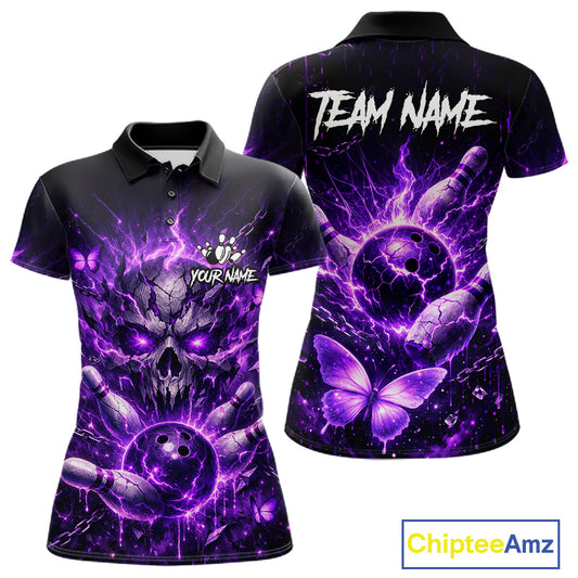 Personalized Purple Butterfly Skull Bowling Shirt For Women Custom Bowling Jersey Polo & 1/4 Zip TDM6383