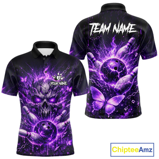 Personalized Purple Butterfly Skull Bowling Shirt For Men Custom Bowling Jersey Polo & 1/4 Zip TDM6383