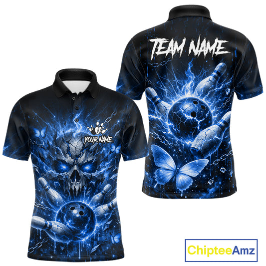 Personalized Blue Butterfly Skull Bowling Shirt For Men Custom Bowling Jersey Polo & 1/4 Zip TDM6384