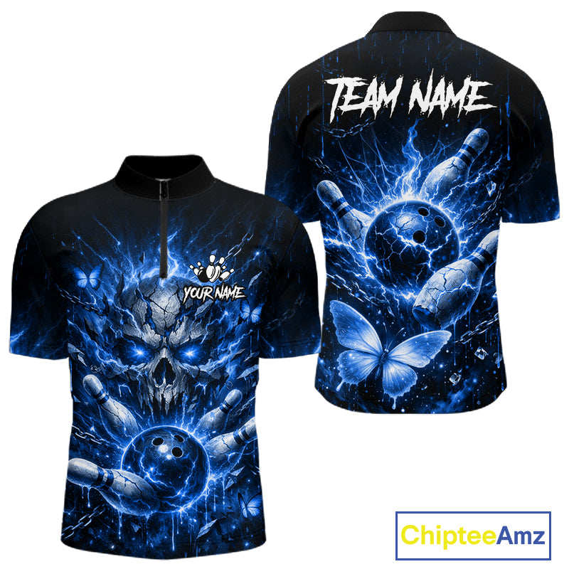 Personalized Blue Butterfly Skull Bowling Shirt For Men Custom Bowling Jersey Polo & 1/4 Zip TDM6384
