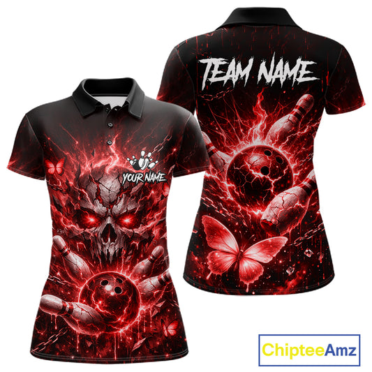 Personalized Red Butterfly Skull Bowling Shirt For Women Custom Bowling Jersey Polo & 1/4 Zip TDM6385