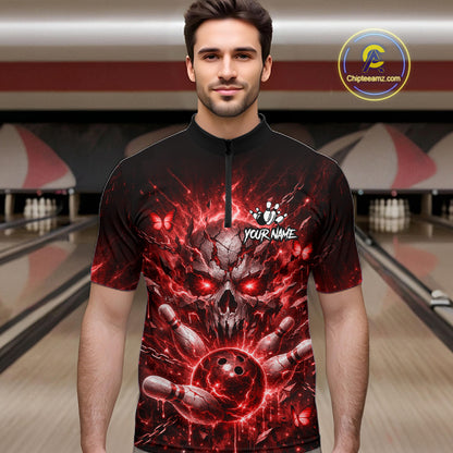 Personalized Red Butterfly Skull Bowling Shirt For Men Custom Bowling Jersey Polo & 1/4 Zip TDM6385