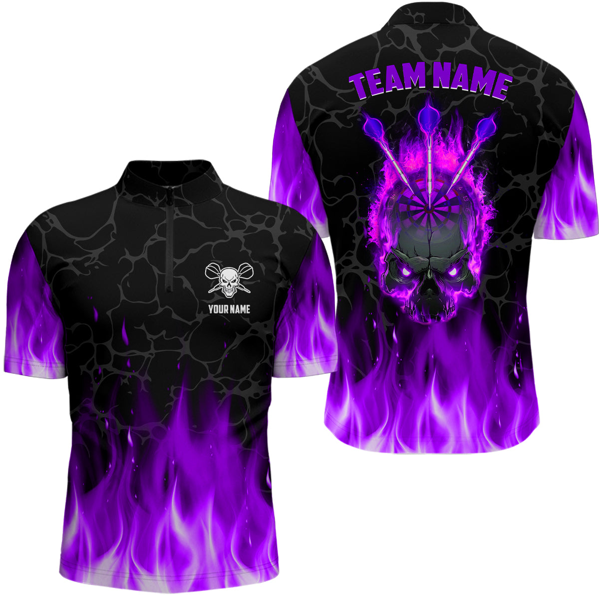 Fire Flame Skull Mens Darts Polo & Quarter Zip Shirt Custom Scary Darts Team Jerseys | Purple TDM2553