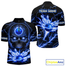 Load image into Gallery viewer, Personalized Lightning Skull Blue Bowling Shirt For Men, Bowling Team Jersey Polo &amp; 1/4 Zip TDM6159
