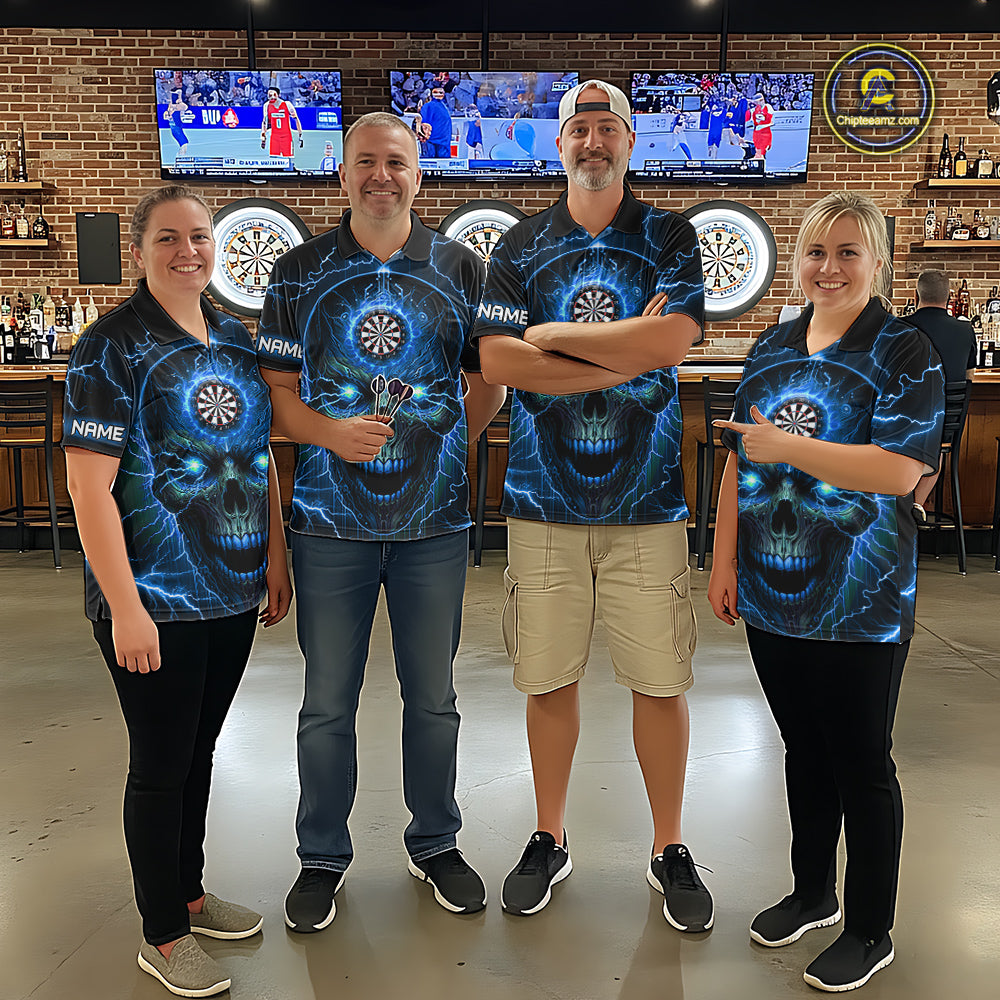 Blue Darts Skull Men Quarter-Zip Shirt Custom Lightning Thunder Team League Darts Jersey TDM1511