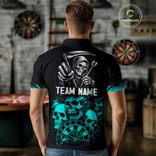 Load image into Gallery viewer, Custom Men's Grim Reaper Dart Shirt – Black Cyan Grunge Dart Jersey Team Polo &amp; Quarter Zip Style TDM4068