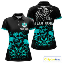 Load image into Gallery viewer, Custom Women's Grim Reaper Dart Shirt – Black Cyan Grunge Dart Jersey Team Polo &amp; Quarter Zip Style TDM4068