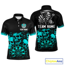 Load image into Gallery viewer, Custom Men's Grim Reaper Dart Shirt – Black Cyan Grunge Dart Jersey Team Polo &amp; Quarter Zip Style TDM4068