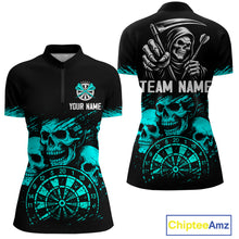 Load image into Gallery viewer, Custom Women's Grim Reaper Dart Shirt – Black Cyan Grunge Dart Jersey Team Polo &amp; Quarter Zip Style TDM4068