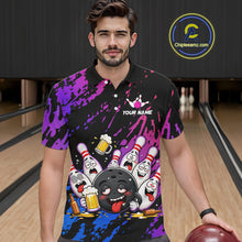 Load image into Gallery viewer, Custom Blue Purple Drunk Bowling Balls And Pins Funny Bowling Shirts For Men, Beer Bowling Jersey TDM6596