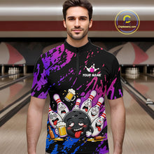 Load image into Gallery viewer, Custom Blue Purple Drunk Bowling Balls And Pins Funny Bowling Shirts For Men, Beer Bowling Jersey TDM6596