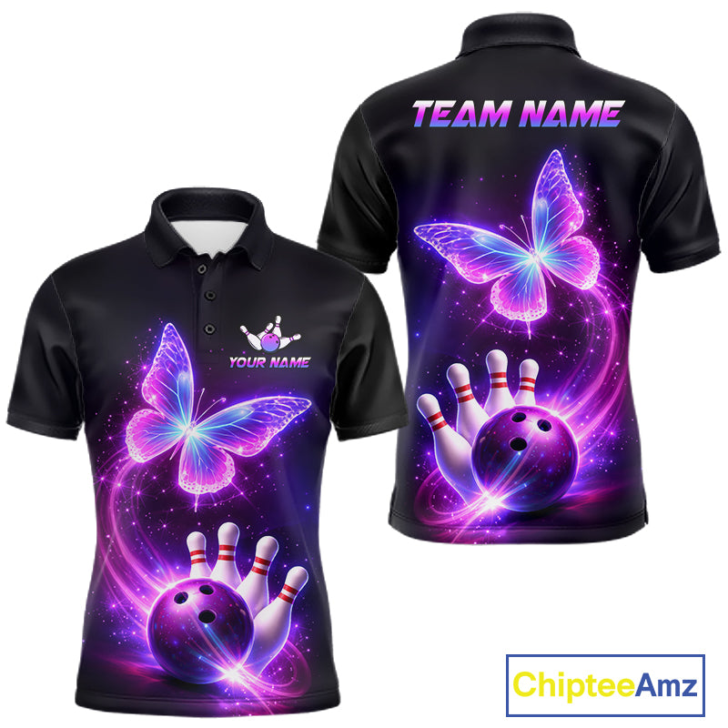 Black polo shirt with butterfly and bowling design, customizable your name & team name