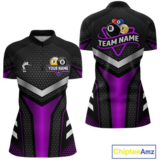 Personalized Billiard 8 Ball & 9 Ball Pool Polo, 1/4 Zip For Women Custom Team Billiard Jersey|Purple TDM4254