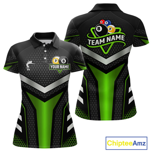 Personalized Billiard 8 Ball & 9 Ball Pool Polo, 1/4 Zip For Women Custom Team Billiard Jersey|Green TDM4256