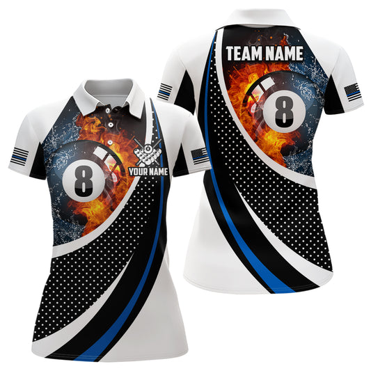 Customized 8 Ball In Fire And Water With Blue USA Flag Pattern Full Printing Polo Shirts For Women TDM0209