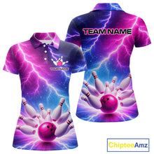 Load image into Gallery viewer, Custom Thunder Lightning Blue And Pink Bowling Shirt For Women, Bowling Team Jersey Polo &amp; 1/4 Zip TDM6190