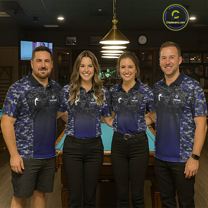 Navy Blue Camo 8 Ball Billiard Shirt For Women Custom Pool Team Shirt, Billiard Jersey Polo & 1/4 Zip TDM5580