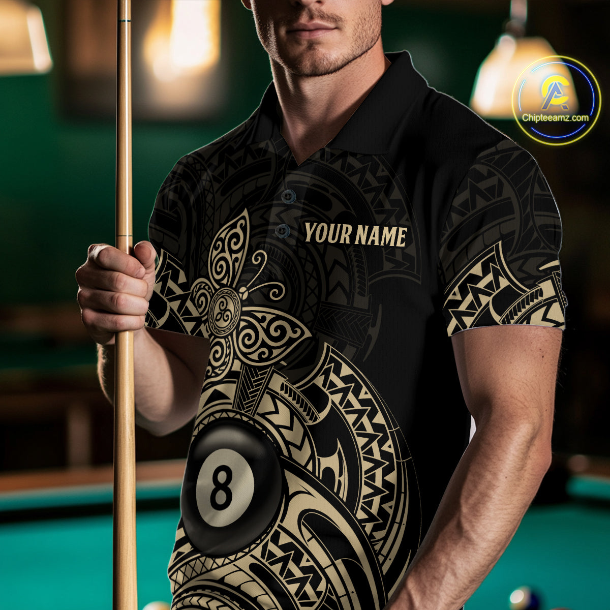 Custom Black And Gold Tribal Butterfly Billiard Shirts For Men | 8 Ball Pool Team Jerseys TDM4688