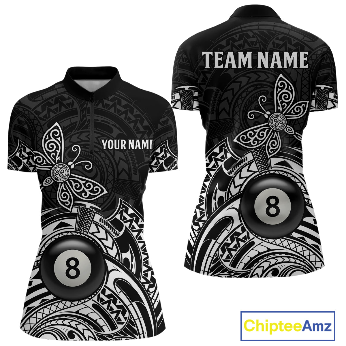 Custom White Black Tribal Dragonfly Billiard Shirts For Women | 8 Ball Pool Team Jerseys TDM4689