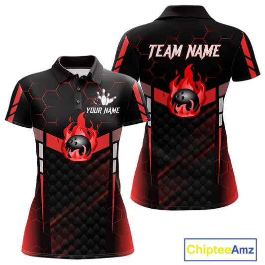 Black And Red Bowling Jersey For Women Custom Flame Bowling Shirt Team Polo & Quarter Zip TDM5824