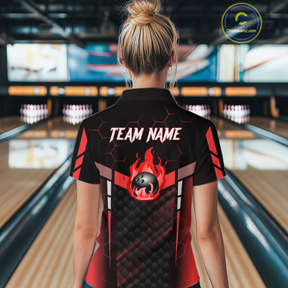 Black And Red Bowling Jersey For Women Custom Flame Bowling Shirt Team Polo & Quarter Zip TDM5824