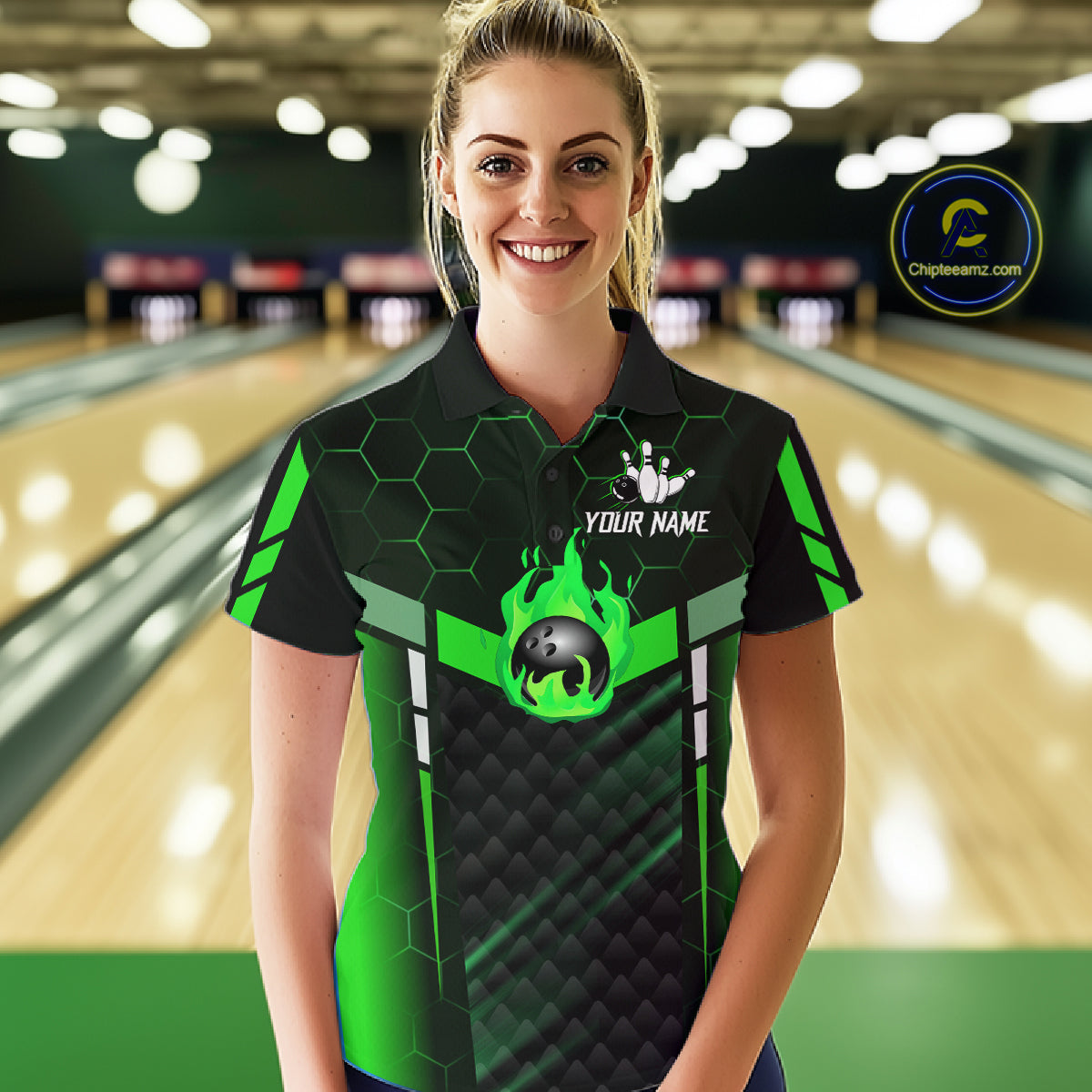 Black And Green Bowling Jersey For Women Custom Flame Bowling Shirt Team Polo & Quarter Zip TDM5825
