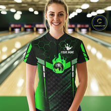 Load image into Gallery viewer, Black And Green Bowling Jersey For Women Custom Flame Bowling Shirt Team Polo &amp; Quarter Zip TDM5825