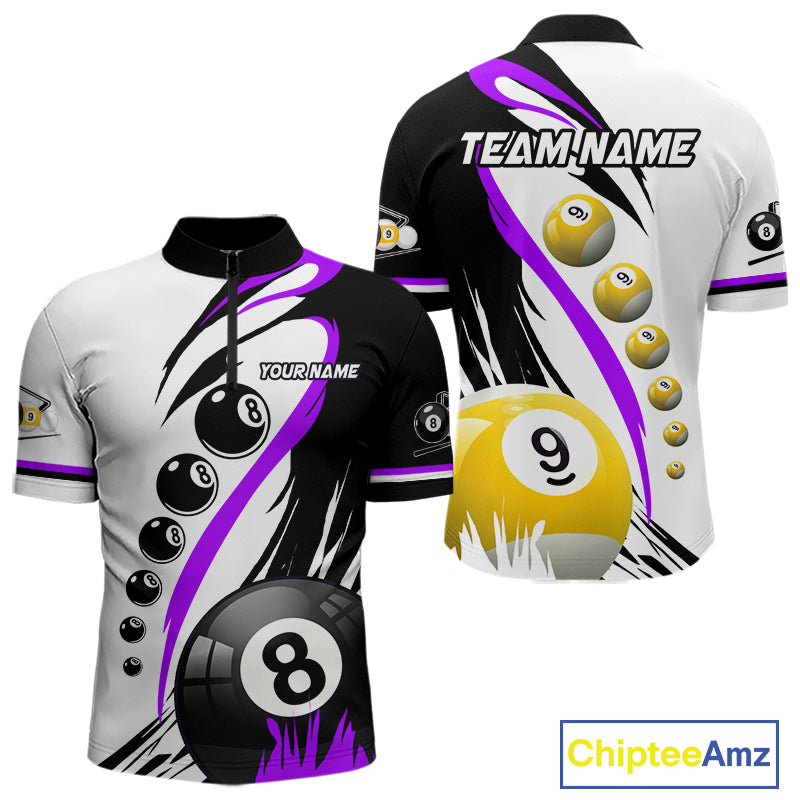 Purple 8 ball and 9 ball quarter zip billiard shirt for men, custom pool team jersey.