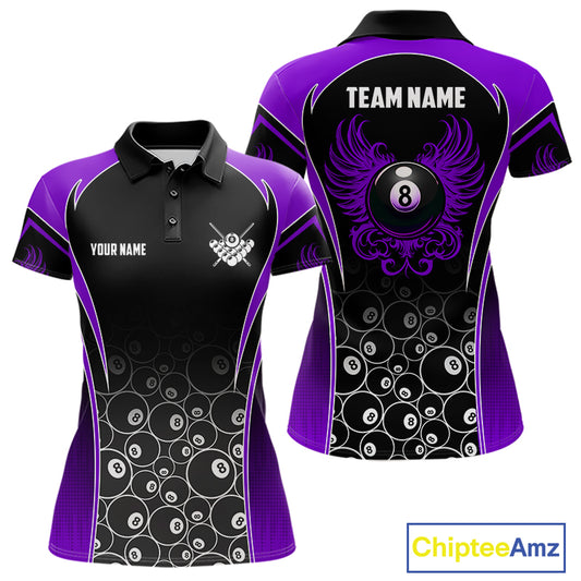 Personalized Black and Purple 8 Ball Wings Billiard Polo Shirt for Women Featuring Bold Winged 8 Ball Artwork for Pool League Players, Team Competition, and Tournament Events